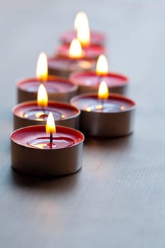 Close-up of red tea-light candles for Christmas