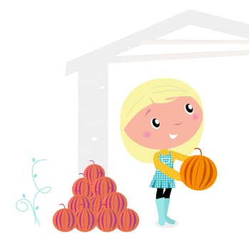 Cute little cartoon Girl with pumpkin heads. Vector cartoon illustration.