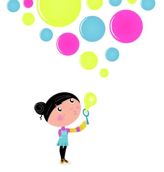 Little Girl blowing Soap bubbles. Vector Illustration.