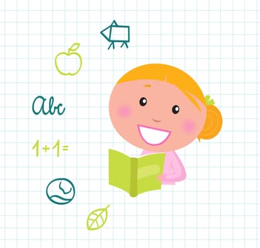 Little cute Girl with Book, School items isolated on white grid