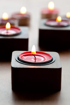 Close-up of red tea-light candles for Christmas