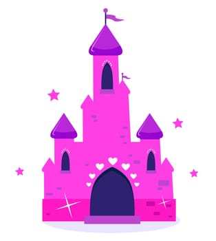 Wild pink Princess castle isolated on white background. Vector cartoon Illustration.