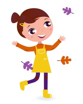 Adorable running Girl with Autumn Leaves. Vector cartoon Illustration.