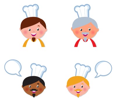 Chef heads set isolated on white. Vector cartoon Illustration.