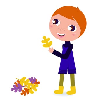 Happy cute Boy with autumn Leaves isolated on white. Vector cartoon Illustration.