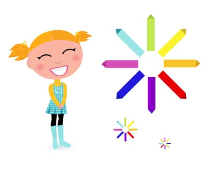 Cute cartoon girl with colorful pastels - vector Illustration