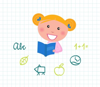 Cute little reading School Girl with Book. Vector Illustration.