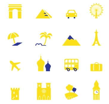 Yellow and blue vector travel and vacation design elements.