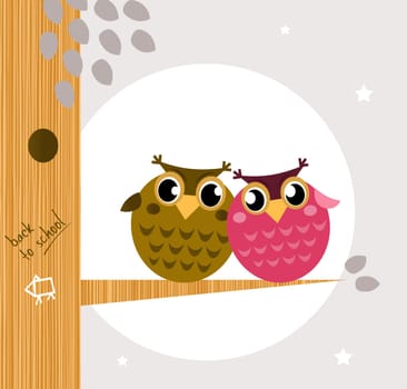 Owl family, tree, moon in background. Vector cartoon Illustration