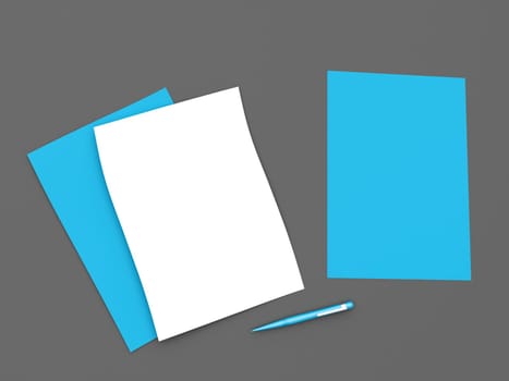 Blank papers and pen on desk. 3d image.