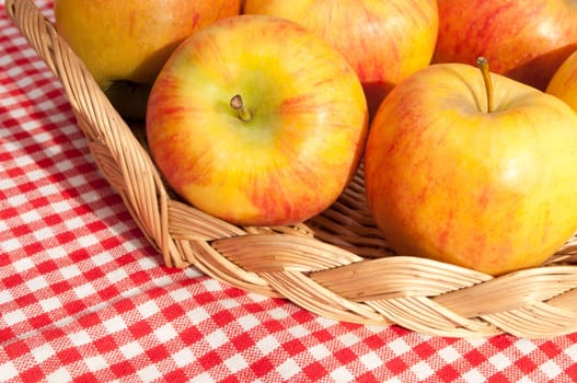 Closeup of Rubens Apples in Basket on Red Gingham Tablecloth
