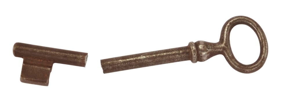 A broken old key isolated on a white. (Damage security concept)