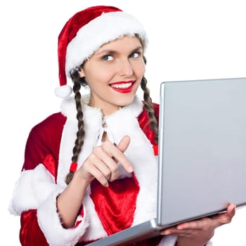 one woman dressed as santa claus on studio isolated white background