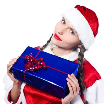 one woman dressed as santa claus holding showing christmas presents gifts on studio isolated white background