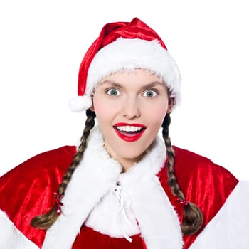 one woman christmas surprised joyful dressed as santa claus on studio isolated white background