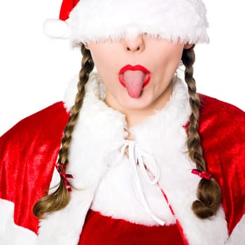close up portrait of one woman dressed as santa claus christmas blindfold hat tongue sticking out on studio isolated white background