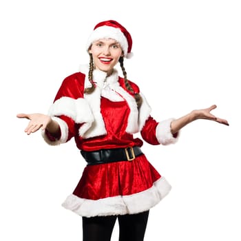 one woman dressed as santa claus christmas welcoming on studio isolated white background