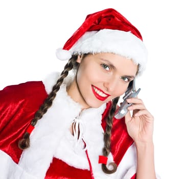 one woman dressed as santa claus on telephone conversation studio isolated white background