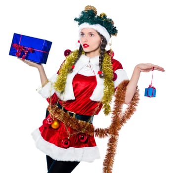 one woman dressed as santa claus holding presents gifts as christmas tree on studio isolated white background