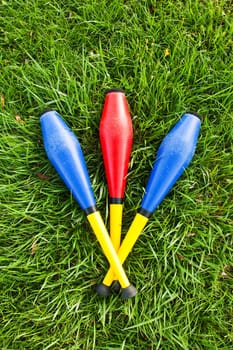 Three juggling pins in the meadow