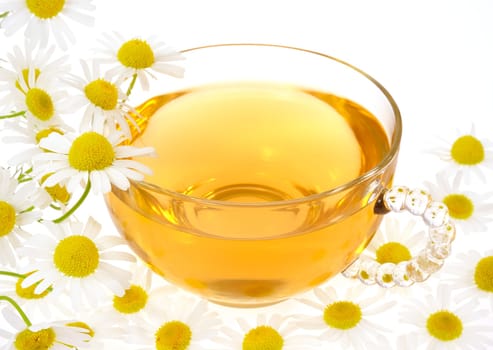 Cup of chamomile tea over white background