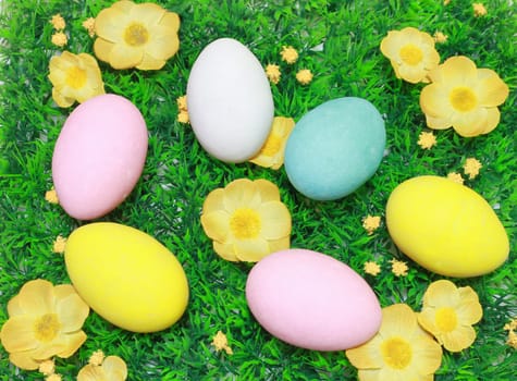 colorful easter eggs in a field of grass