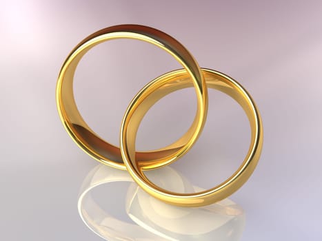 Two gold rings linked together, laced rings, 3d render