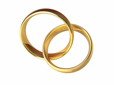 Two gold rings linked together, laced rings, isolated white background, 3d render