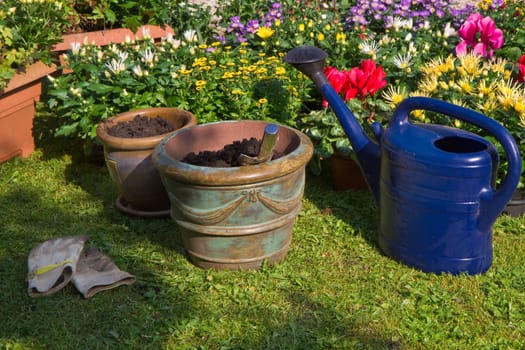 Garden with autumn flowers in September - Planting new plants in flowerpots and -boxes