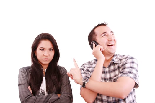happy man talking on the phone, forgetting about his wife