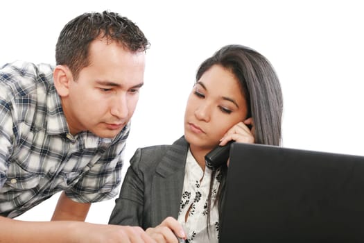 business woman giving a working advice to young man