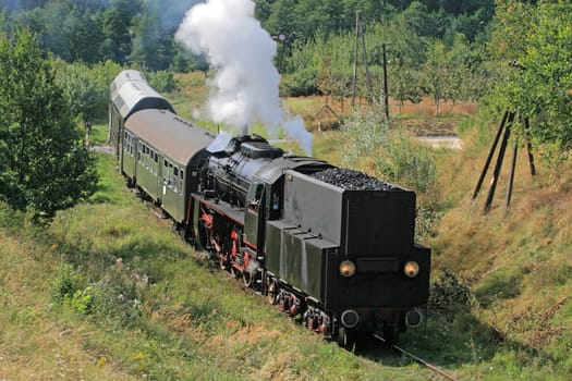 Old retro steam train passing through polish countryside