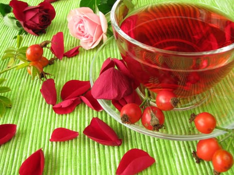 Fruit tea with rose hips and rose petals