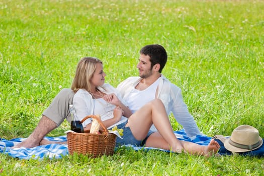 Picnic - Romantic happy couple in meadows nature sunny day
