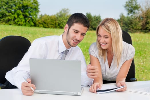 Business colleagues in nature office working on laptop smile