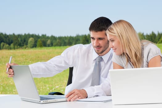 Business colleagues in sunny nature office working on laptop