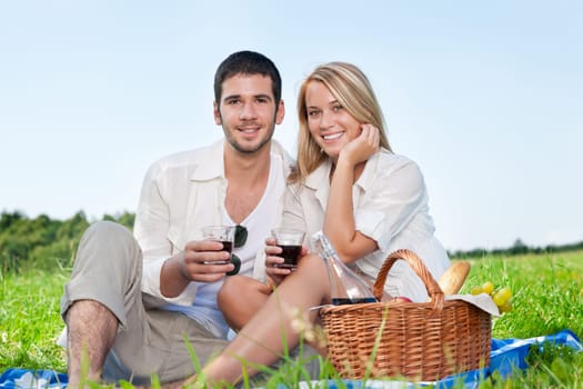 Picnic - Romantic happy couple celebrating with wine in sunny nature