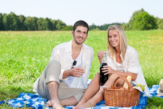Picnic - Romantic happy couple celebrating with wine in sunny nature