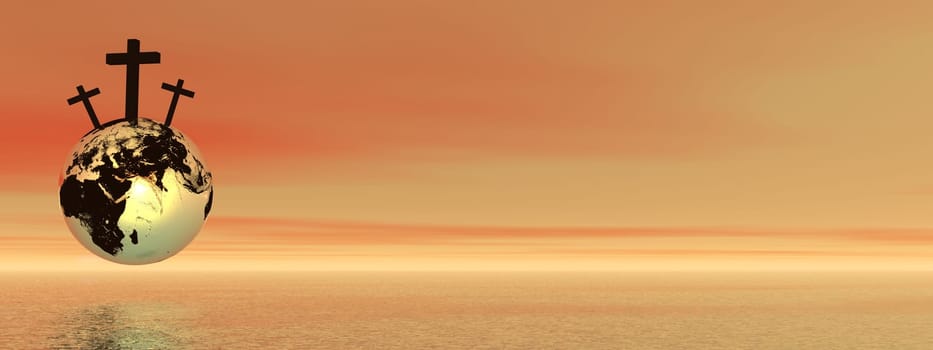 Three crosses for Golgotha on earth planet by sunset