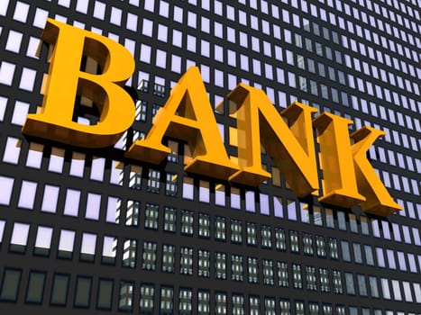Close up of the facade of a modern building and orange sign bank