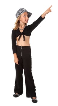 Full length photo of young girl standing, pointing, on white background