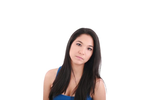 beautiful young woman with long straight brown hair posing isolated on white background