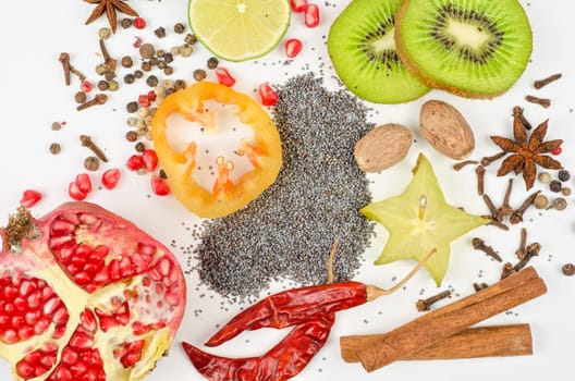 Colorful spices on a white background - beautiful kitchen image.