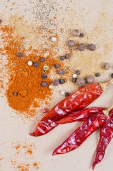 dried peppers and other kind of peppers spices on a brown background