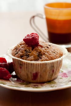 Close-up of delicious homemade raspberry chocolate muffin