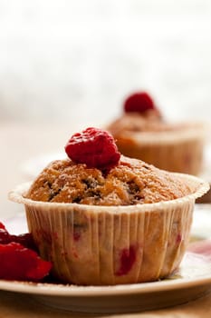 Close-up of delicious homemade raspberry chocolate muffins