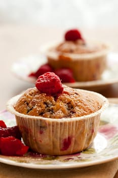 Close-up of delicious homemade raspberry chocolate muffins