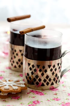 Close-up of mulled wine with spices for Christmas