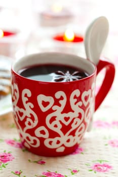 Close-up of mulled wine with spices for Christmas