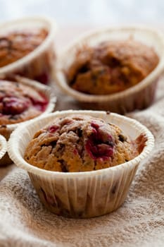 Close-up of delicious homemade raspberry chocolate muffins